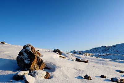 Scenic view of snow covered landscape against clear blue sky