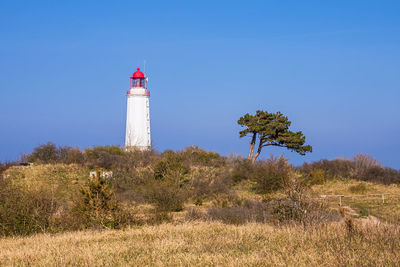 Lighthouse on field against clear blue sky