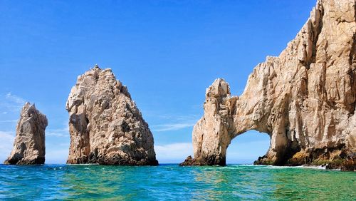 Panoramic view of sea against clear blue sky