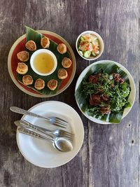 High angle view of breakfast served on table