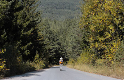 Rear view of woman walking on road 