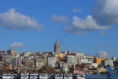 Buildings in city against cloudy sky