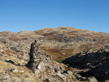 Scenic view of mountains against clear blue sky