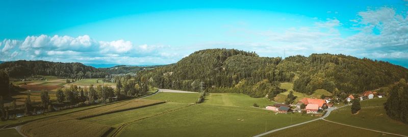 High angle view of trees on landscape against sky