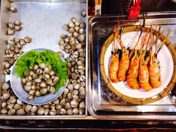 High angle view of seafood in container