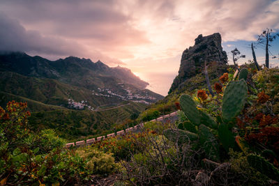 Scenic view of mountains against sky during sunset