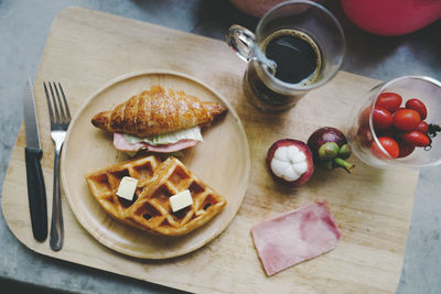 High angle view of breakfast on table