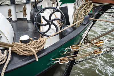 High angle view of moored boat at harbor