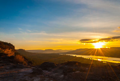 Scenic view of mountains against sky during sunset