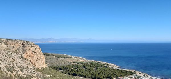 Scenic view of sea against clear blue sky