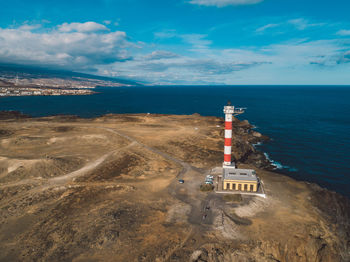 Scenic view lighthouse by the sea against sky