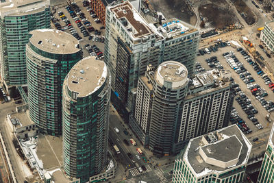 High angle view of modern buildings in city