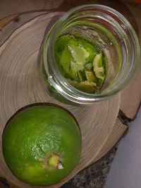 High angle view of fruit in glass on table