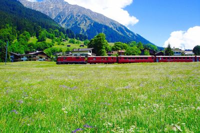 Scenic view of field and mountains against sky