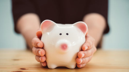 Close-up of woman holding piggy bank