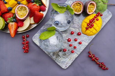 High angle view of fruits served on table