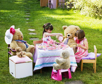 Rear view of girl sitting with toy on grass