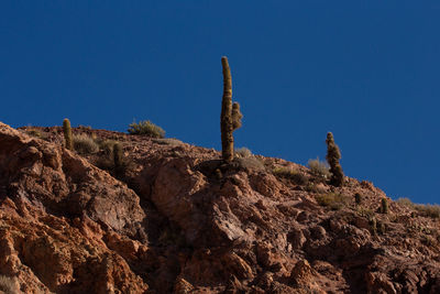 Low angle view of rock formation against clear blue sky