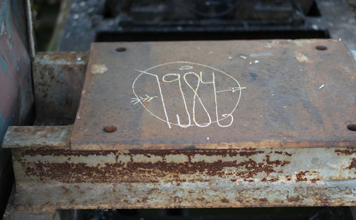 Close-up of text on wood