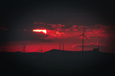 Scenic view of an agricultural field with windmills during a mesmerizing sunset