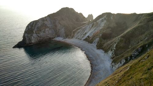 Scenic view of sea and mountains against sky