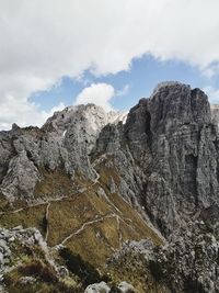 Low angle view of rocky mountain against sky