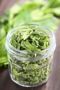 Close-up of salad in jar on table