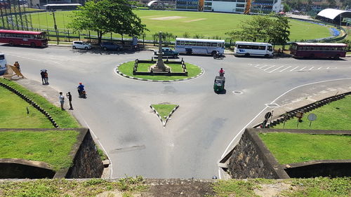 High angle view of people on road in city