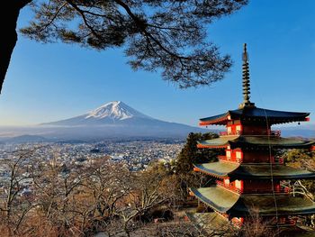 The best collaboration of mt.fuji, pagoda  and tree of matsu at sunrise