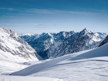 Scenic view of snowcapped mountains against sky