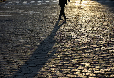 Low section of man walking on cobblestone