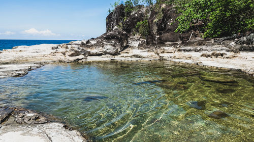 Scenic view of rocks on beach against sky