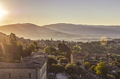 High angle view of townscape against sky during sunset