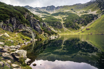 Scenic view of lake by mountains against sky