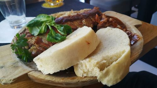 Close-up of food served on table