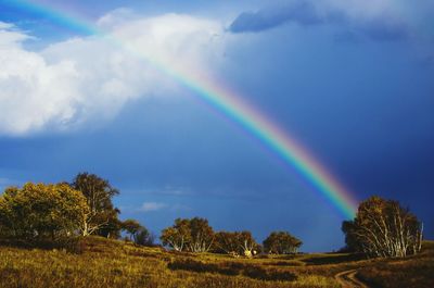 Low angle view of rainbow over landscape against sky