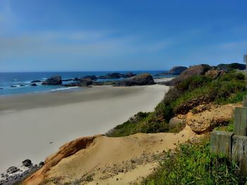 Scenic view of beach against clear blue sky