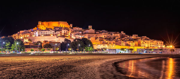 Illuminated buildings in city at night