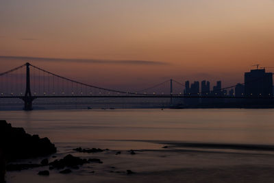 View of suspension bridge at sunset