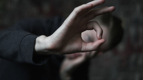 Close-up of hand holding leaf