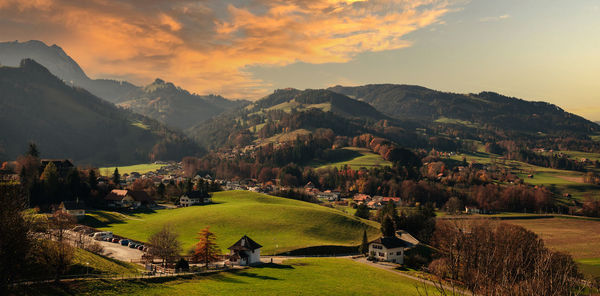 Scenic view of mountains against sky during sunset