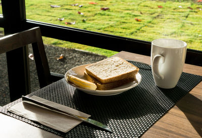 Close-up of breakfast on table