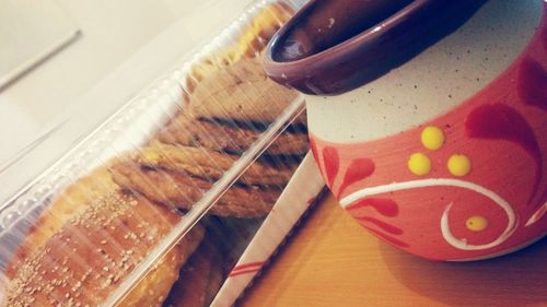 Close-up of bread in plate on table