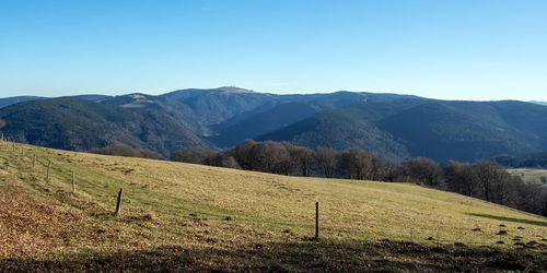 Scenic view of mountains against clear blue sky
