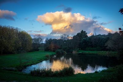 Scenic view of lake against cloudy sky