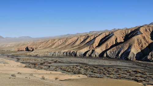 Scenic view of arid landscape against clear blue sky