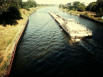 High angle view of boat sailing in river