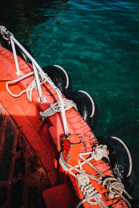 High angle view of ship moored in sea