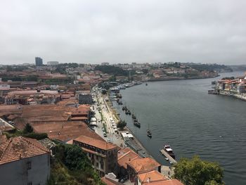 High angle view of townscape by river against sky