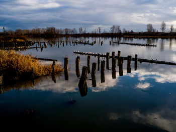 Scenic view of lake against sky at sunset